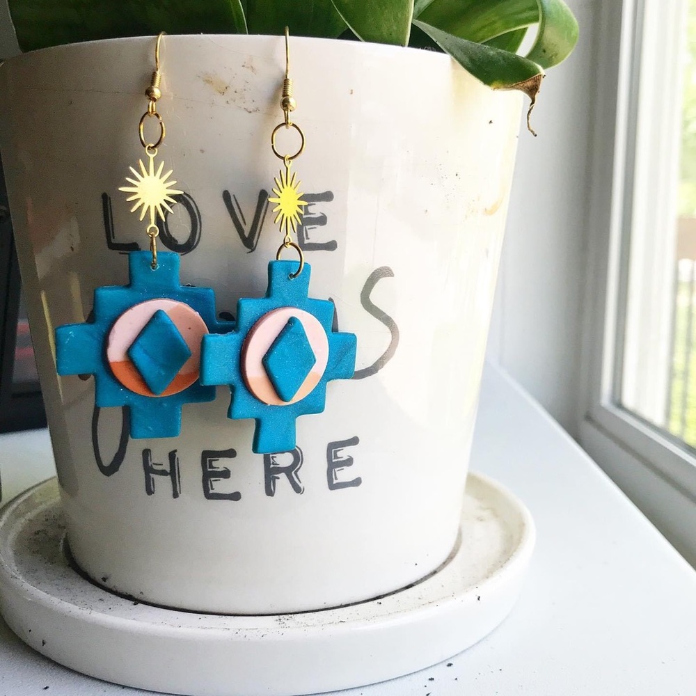NEW Turquoise and Gold Aztec Style Handmade Polymer Clay Dangle Earrings